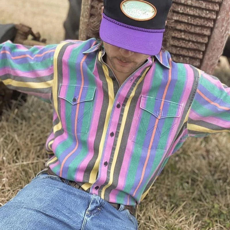 Męska koszula w paski Eric, styl vintage retro, długi rękaw. Zapinana na guziki, swobodny krój, idealna na co dzień.