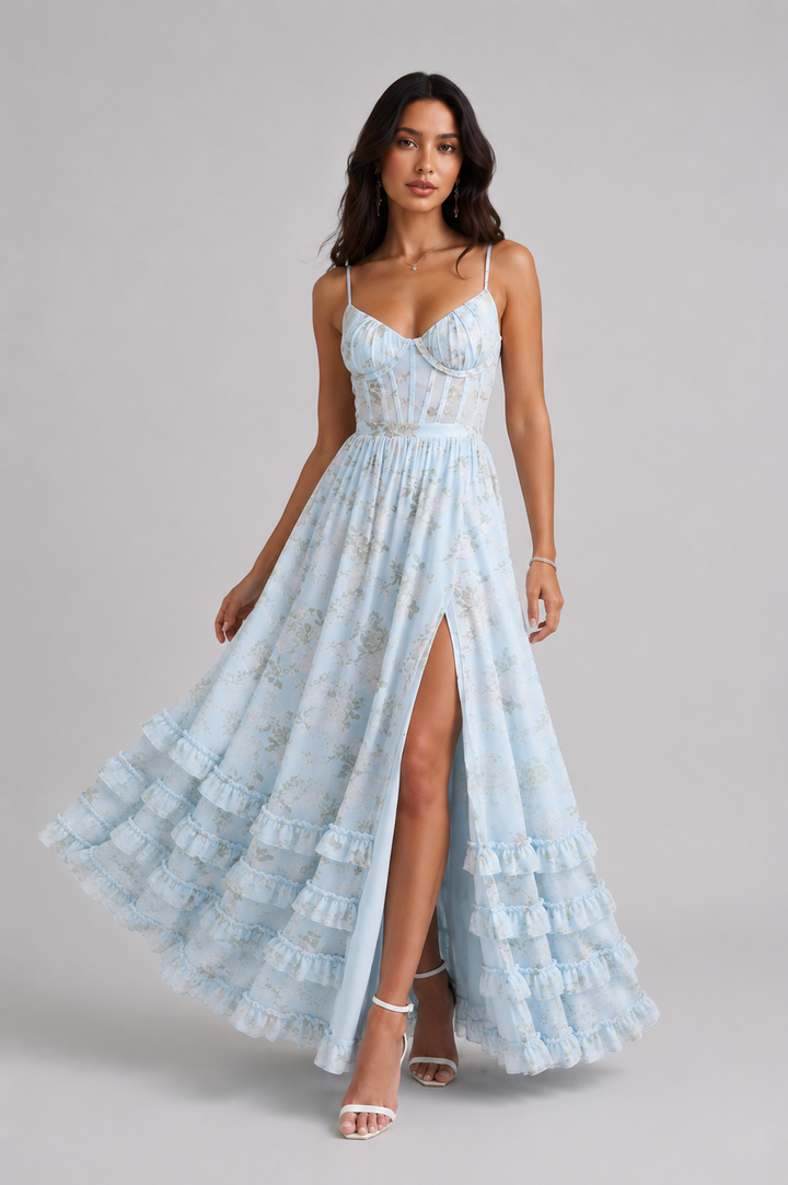 Elegancka damska sukienka maxi, kwiecisty wzór, idealna na wesele. Długa kreacja z rozcięciem.