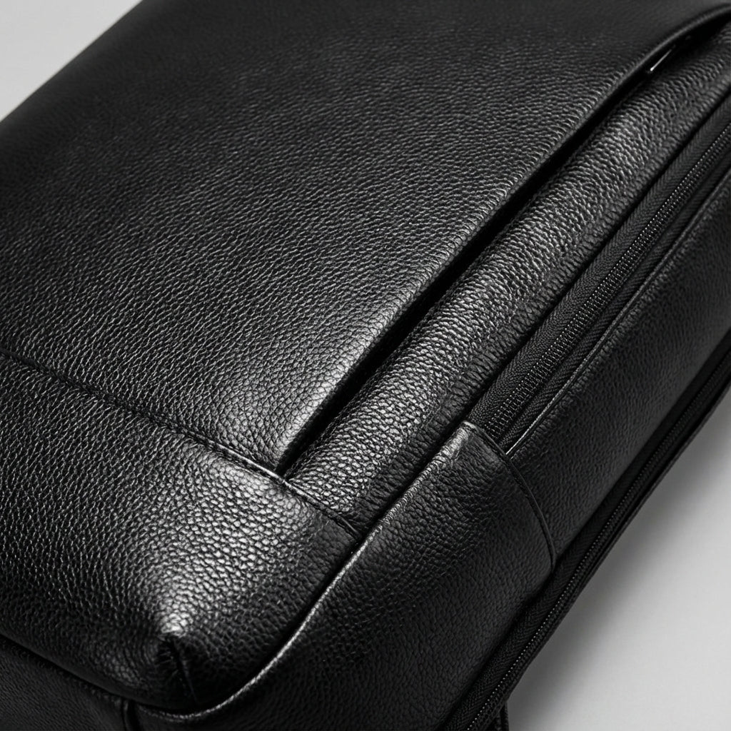 Stylowy, czarny plecak miejski UrbanLuxe ze skóry, na laptopa 17 cali. Wygodny i uniwersalny dla uniseks.