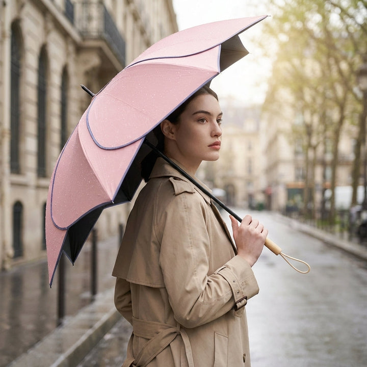 Hydrofobowy parasol damski z kwiatowym motywem. Wytrzymała tkanina i elegancka drewniana rączka, ochrona UV.