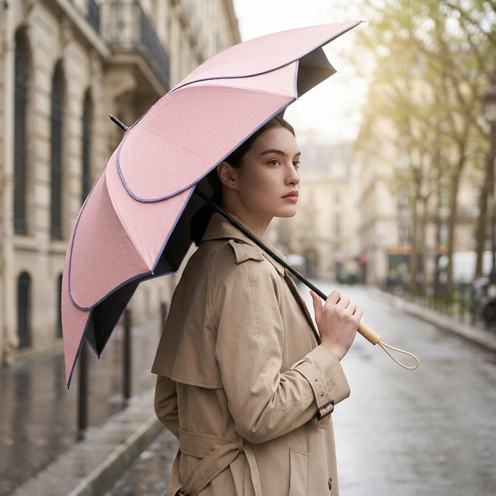 Elegancki parasol damski WC2026 z kwitnącym brzegiem, oferujący ochronę UV i deszczową. Modny dodatek.
