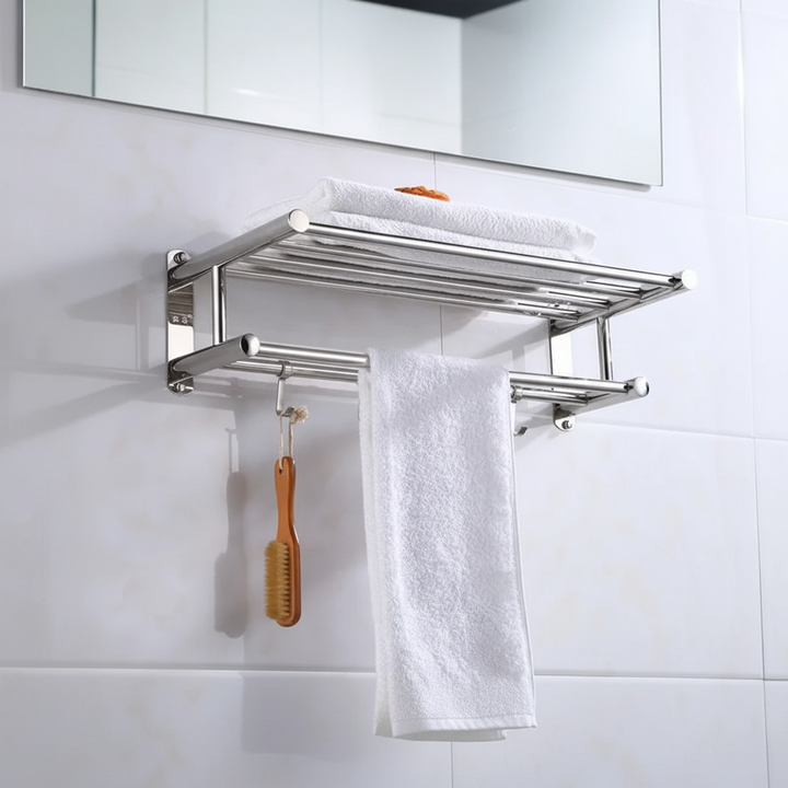 Wieszak łazienkowy ścienny z półką Toweluxe, stal nierdzewna. Idealny na ręczniki i akcesoria łazienkowe.