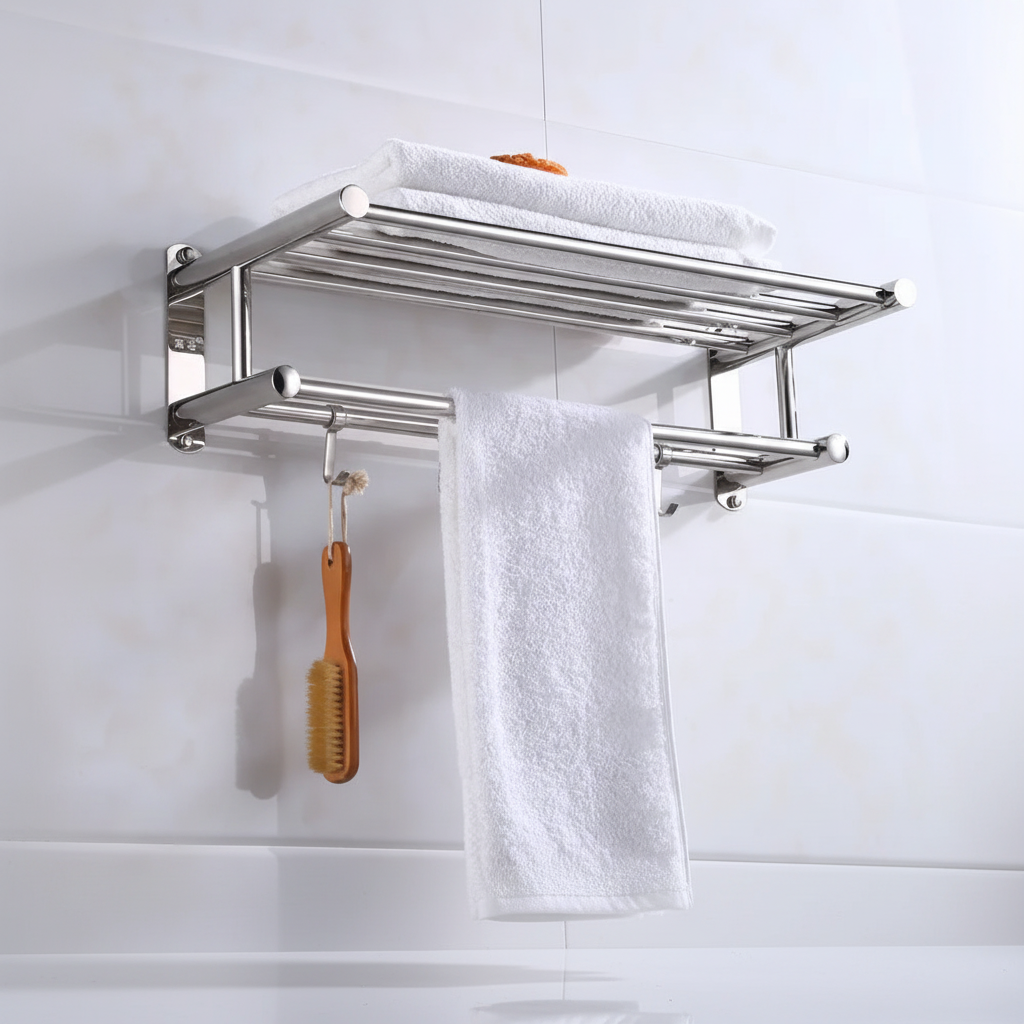 Elegancki wieszak na ręczniki z półką Toweluxe ze stali nierdzewnej. Odporny na wilgoć, łatwy montaż ścienny.
