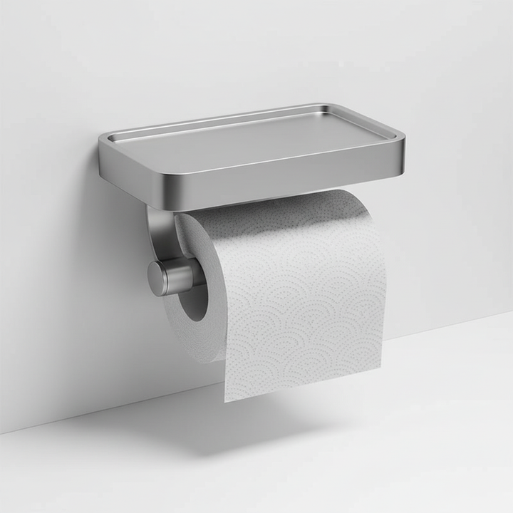 Wielofunkcyjny wieszak na papier toaletowy RollDock ze stali nierdzewnej. Ścienny z półką do każdej łazienki.