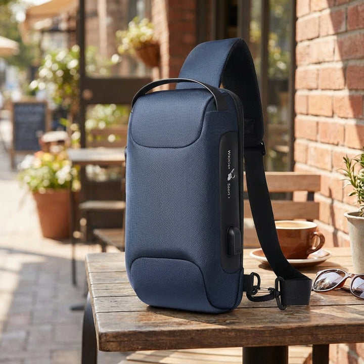 Czarna wodoodporna torba crossbody antykradzieżowa z portem USB, idealna na podróże i do miasta, dla bezpieczeństwa.