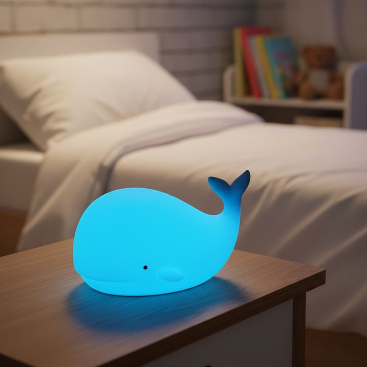 Silikonowa lampka nocna LED GlowWhale dla dzieci, z ładowalnym akumulatorem, bezpieczna do pokoju malucha.