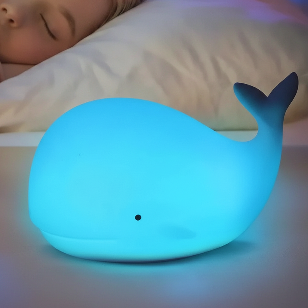 Lampka nocna LED GlowWhale dla dzieci, zapewnia kojące światło w pokoju malucha. Bezpieczny, silikonowy gadżet.