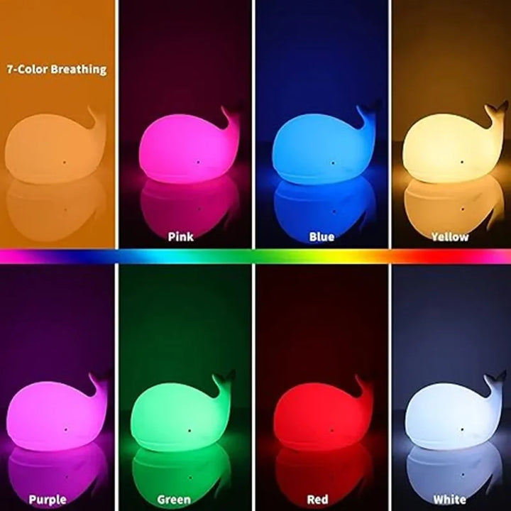 Ładowalna lampka nocna LED GlowWhale, idealna do pokoju dziecka. Silikonowa, bezpieczna, z delikatnym światłem.