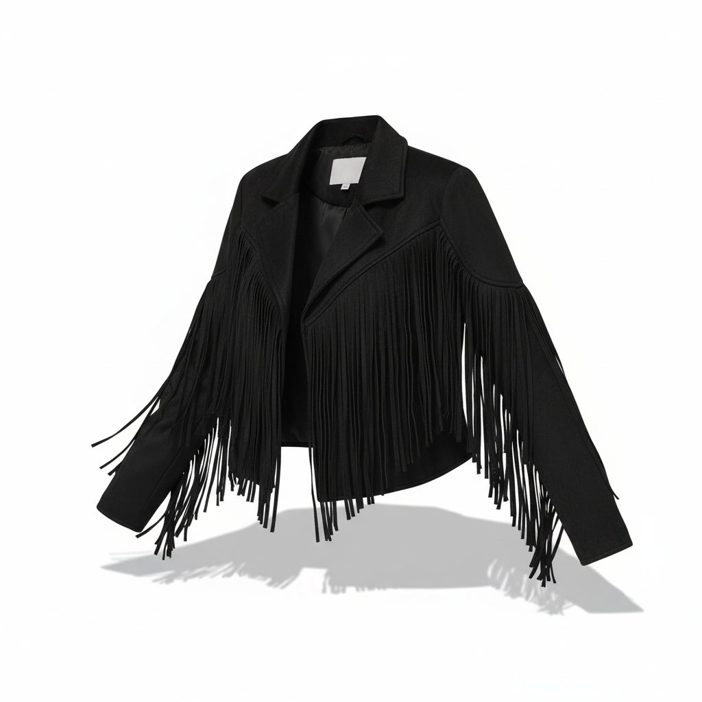 Modna kurtka damska western z ozdobnymi frędzlami na rękawach i plecach. Must-have na jesień/wiosnę.
