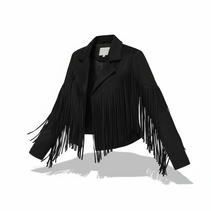 Modna kurtka damska western z ozdobnymi frędzlami na rękawach i plecach. Must-have na jesień/wiosnę.
