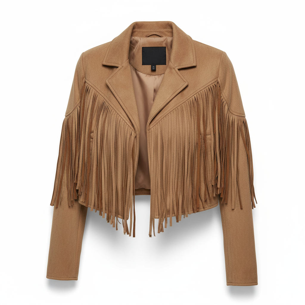 Wiosenna/jesienna kurtka damska w stylu western. Trendy frędzle dodają charakteru casualowym stylizacjom.