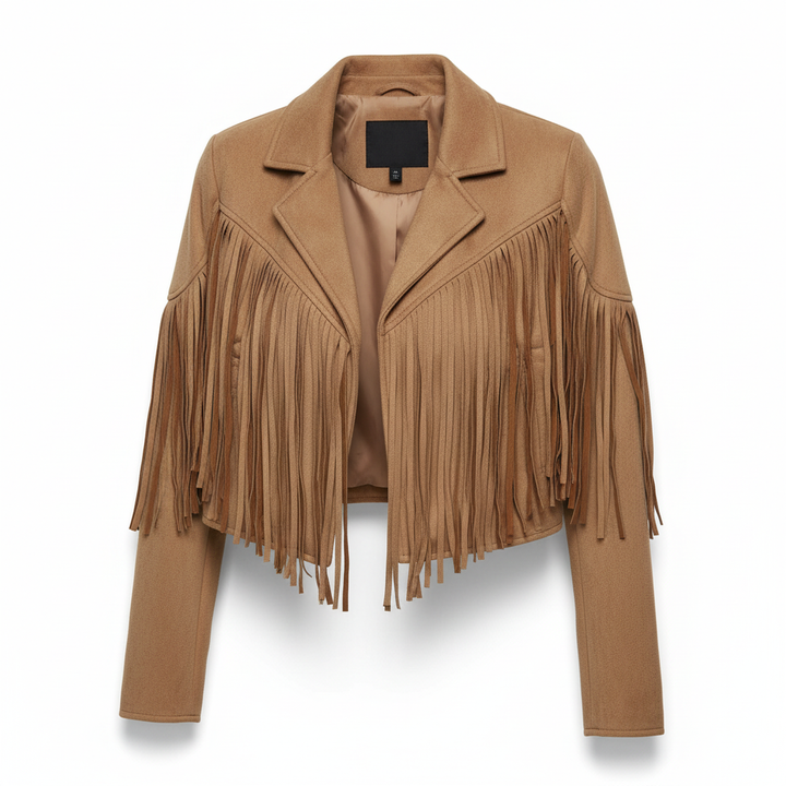 Wiosenna/jesienna kurtka damska w stylu western. Trendy frędzle dodają charakteru casualowym stylizacjom.