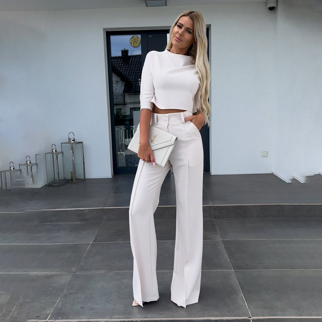 Szykowny komplet damski na wiosnę. Top i eleganckie spodnie dla stylowych kobiet.