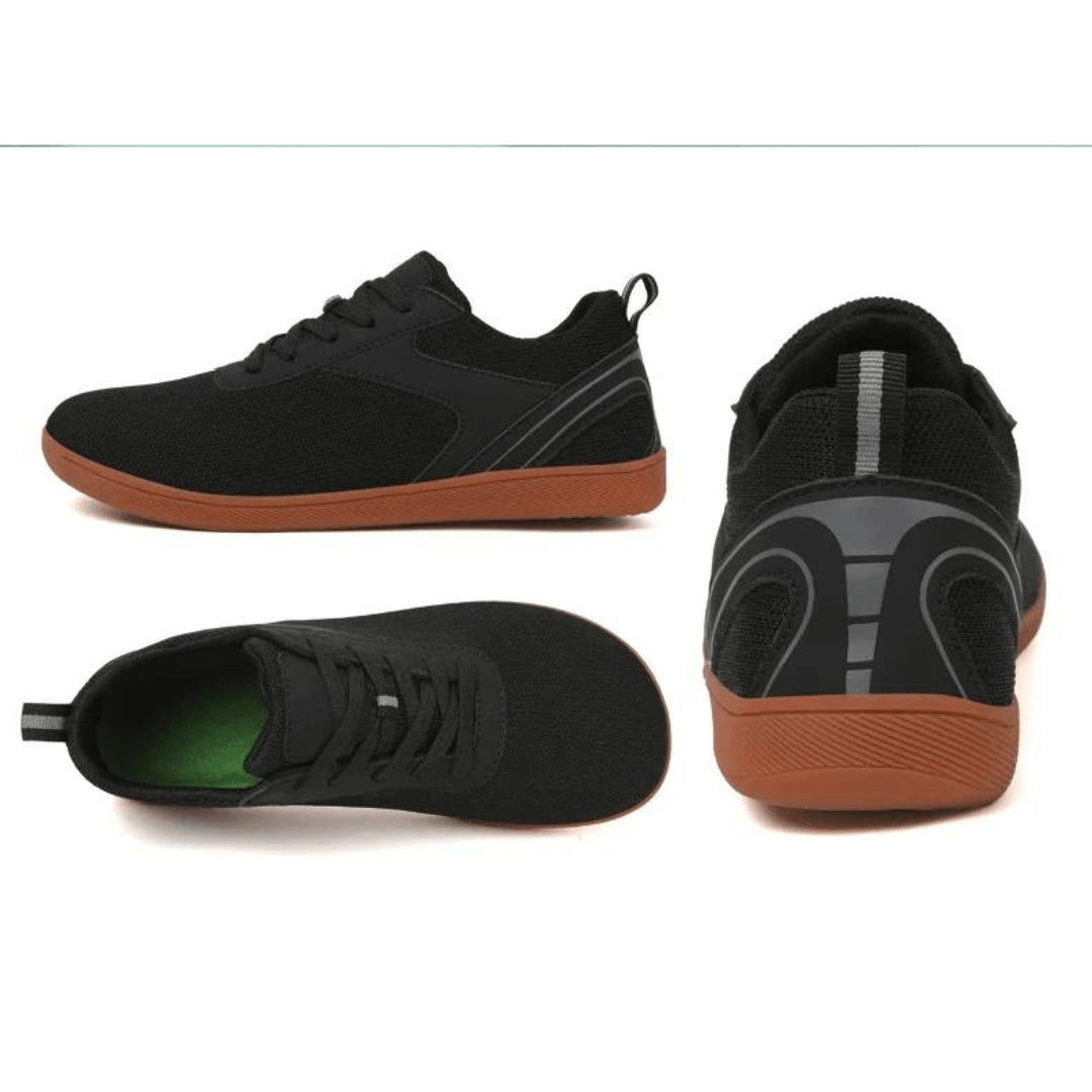 Minimalistyczne buty barefoot Gregory dla mężczyzn, czarne. Szeroki przód zapewnia komfort i zdrowie stóp podczas aktywności.