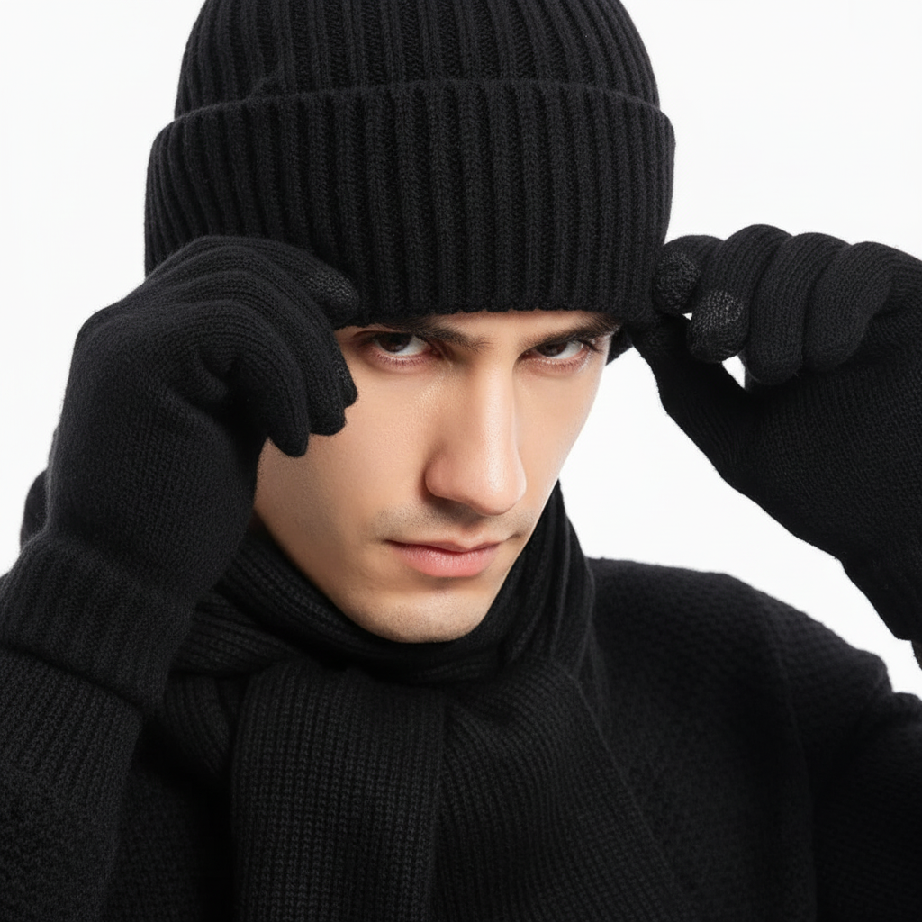 Elegancki męski zestaw zimowy ChillGuard: czapka, rękawiczki i szalik. Idealny pomysł na prezent.