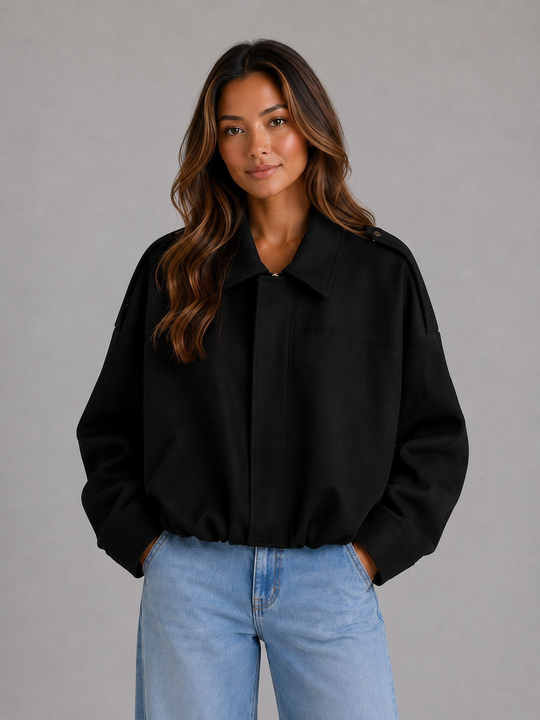 Oliwkowa bomberka damska oversize, zamszowa, z kołnierzem. Idealna na jesień.