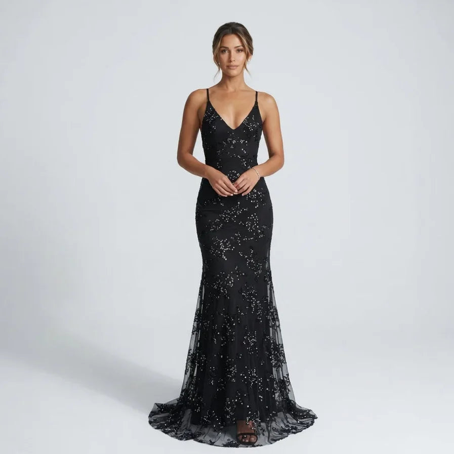 Elegancka sukienka wieczorowa syrena maxi z odkrytymi plecami. Idealna na galę, wesele, błyszcząca kreacja.
