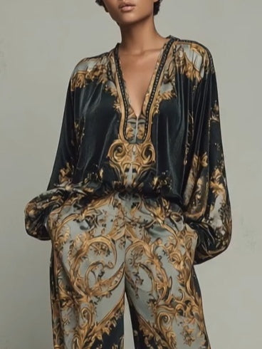 Dwuczęściowy komplet damski: elegancki top i zwiewne spodnie. Idealny na wiosenne i letnie stylizacje casual.