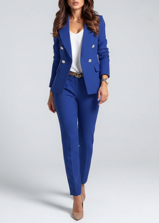 Damski garnitur slim fit podkreślający sylwetkę. Elegancki komplet żakiet i spodnie, idealny do biura.