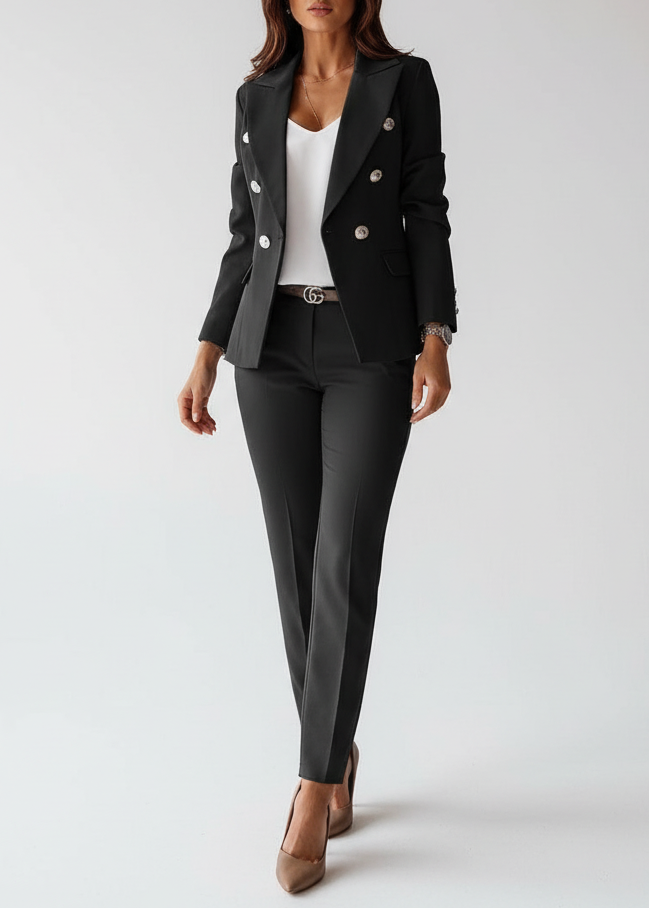 Elegancki damski komplet żakietowy slim fit, widok z tyłu. Spodnie i żakiet dla formalnego looku.