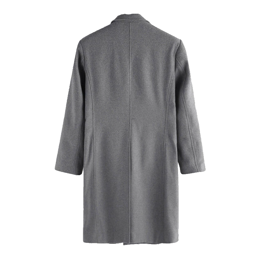 Męski płaszcz jesienno-zimowy, długi, z zapięciem na guziki, w modnym kroju slim fit, klasyczne okrycie.