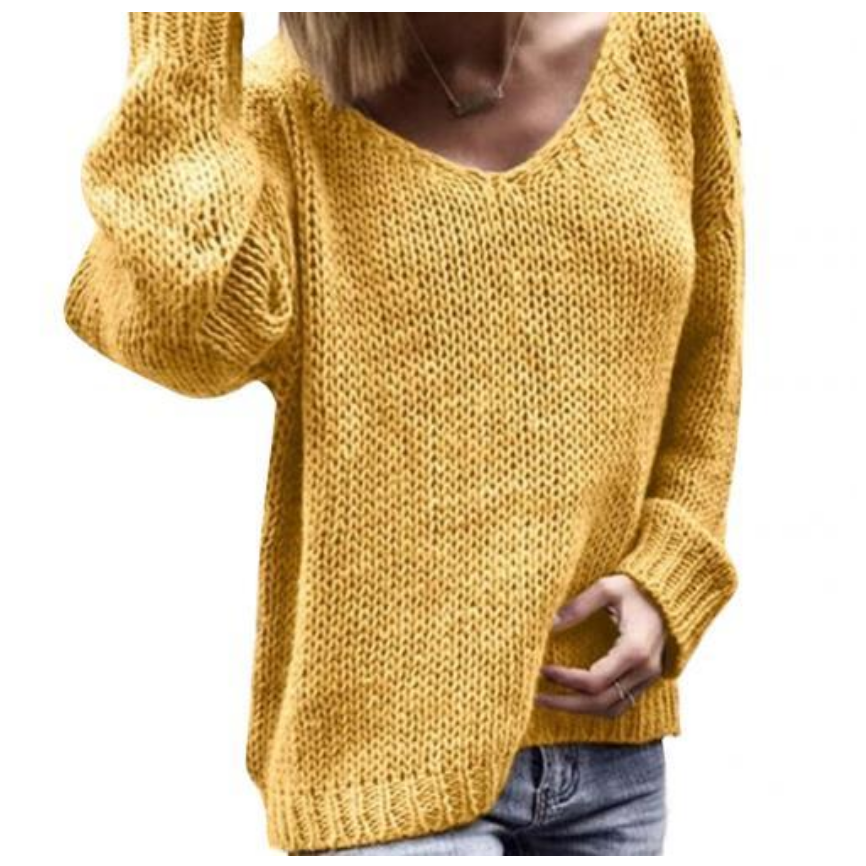 Damski sweter jesienno-zimowy, dziergany, dekolt w serek. Jednolity kolor, casualowy look, wygoda.