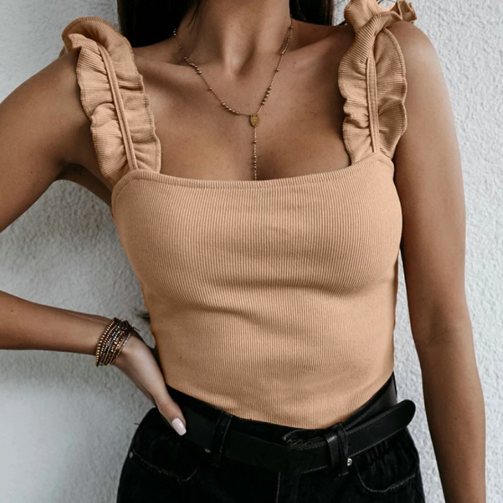 Damski elegancki tank top z falbankami. Idealny na lato, z dekoltem kwadratowym.