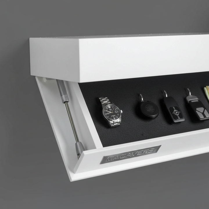 Nowoczesna, minimalistyczna półka FloatBox z drewna, elegancka dekoracja ścienna z dyskretnym miejscem na drobiazgi.