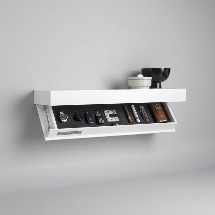 Półka ścienna FloatBox do salonu, nowoczesna i minimalistyczna, oferuje ukryty schowek na cenne przedmioty.