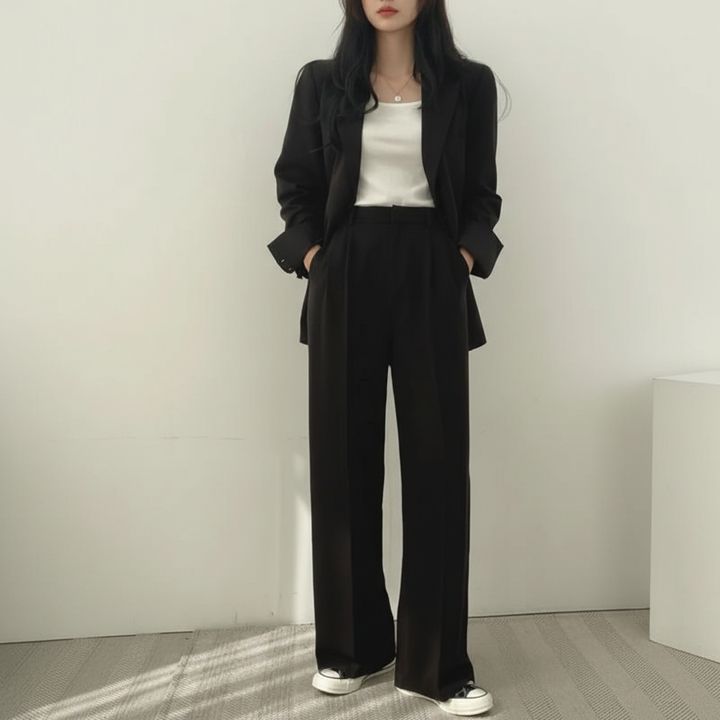Lekki dwuczęściowy komplet damski, idealny na spotkania biznesowe i eleganckie wyjścia, stylizacje casual.