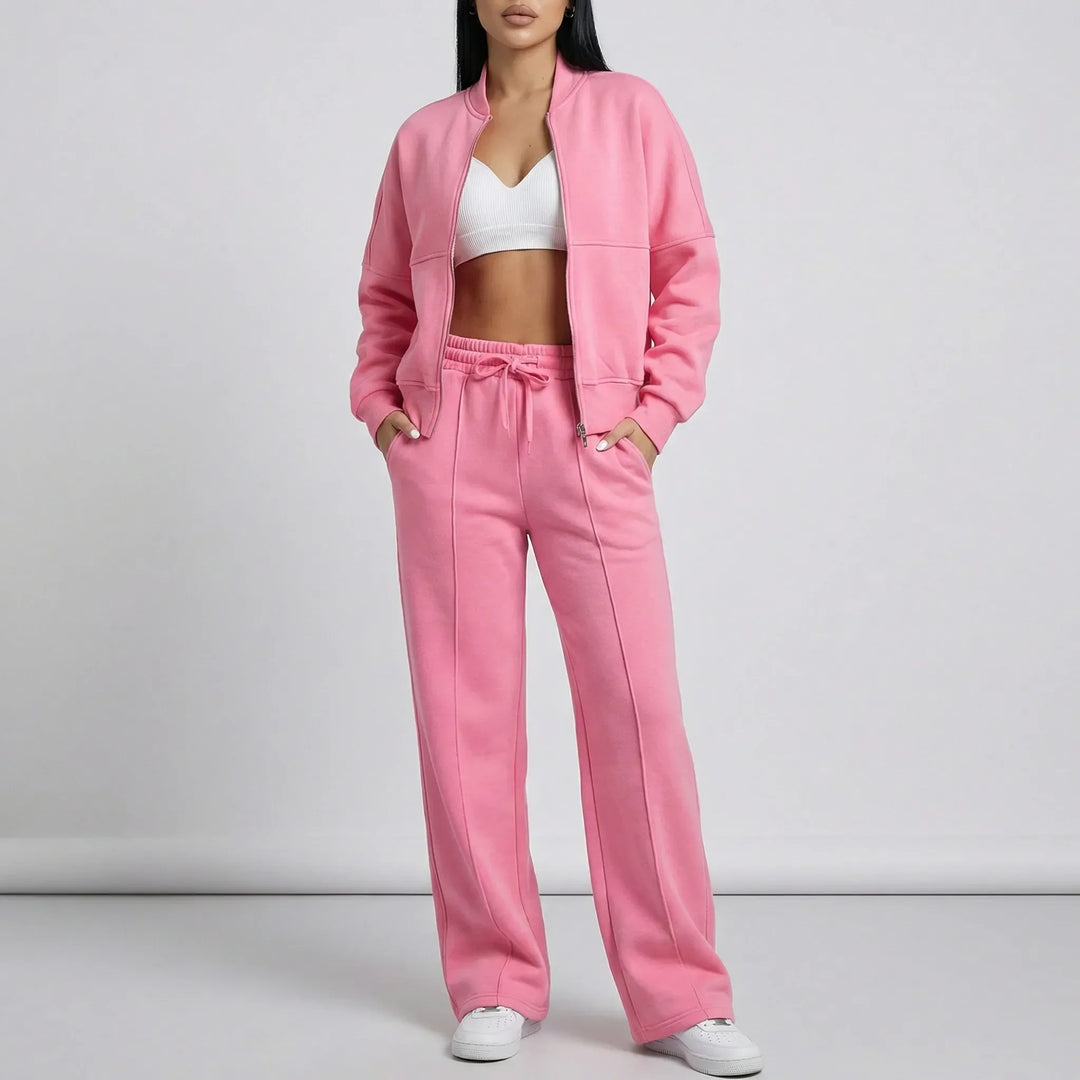 Dwuczęściowy komplet Hayley: damski zestaw z bluzą z suwakiem i spodniami. Elegancki i casualowy.