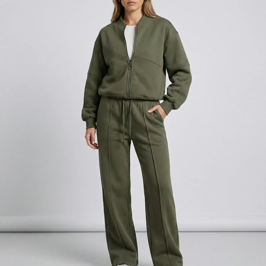 Wygodny dwuczęściowy komplet damski Hayley, elegancka bluza z zamkiem i komfortowe spodnie.