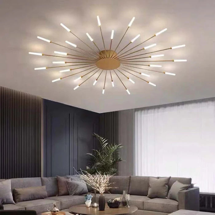 Minimalistyczny żyrandol LED, efekt słońca. Oświetlenie sufitowe do sypialni. Nowoczesny design.