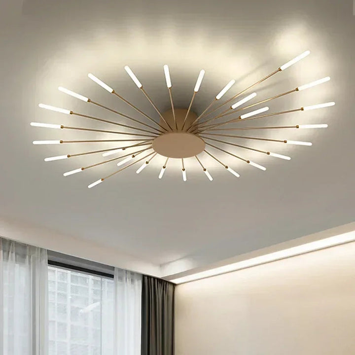 Minimalistyczny żyrandol LED, energooszczędne oświetlenie salonu. Efekt słońca. Nowoczesny design.