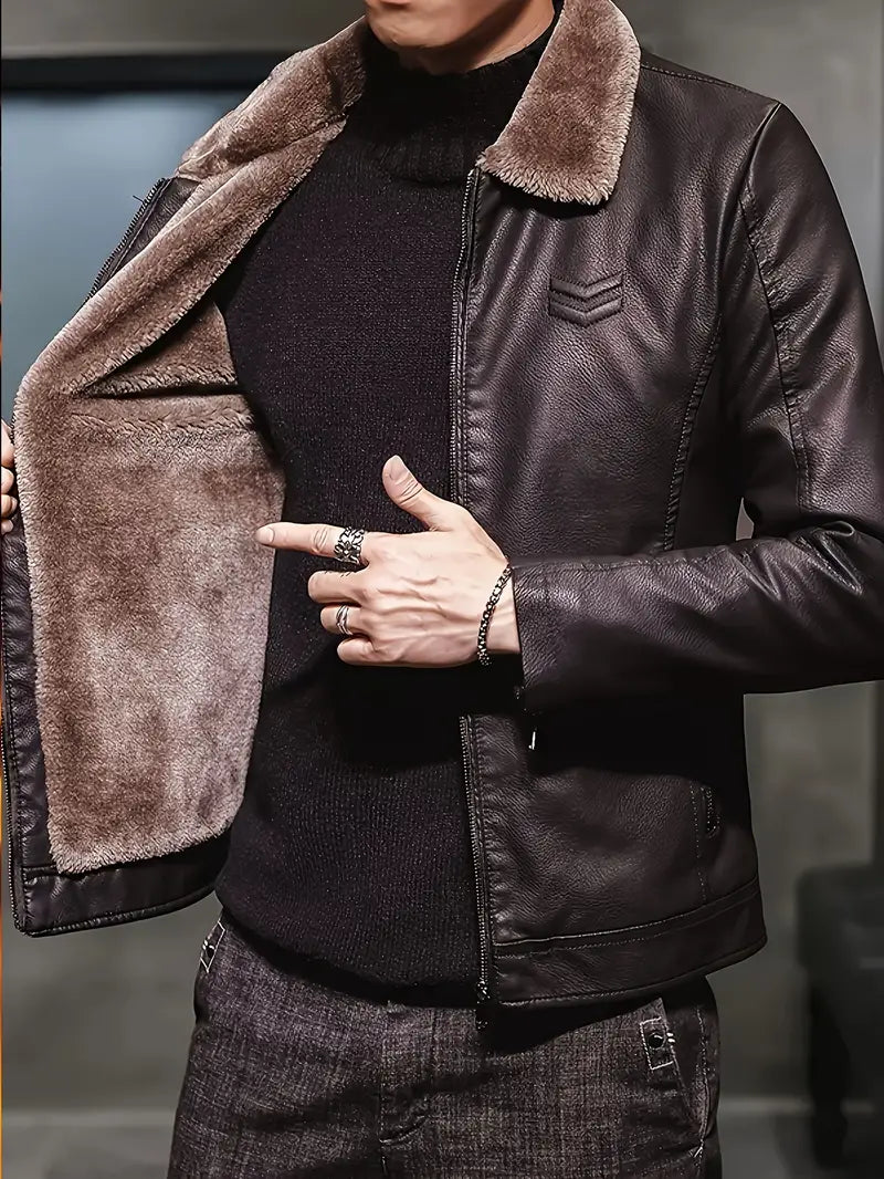 Stylowa, wiatroodporna męska kurtka skórzana Dario, ocieplana, z eleganckim designem, na zimę.