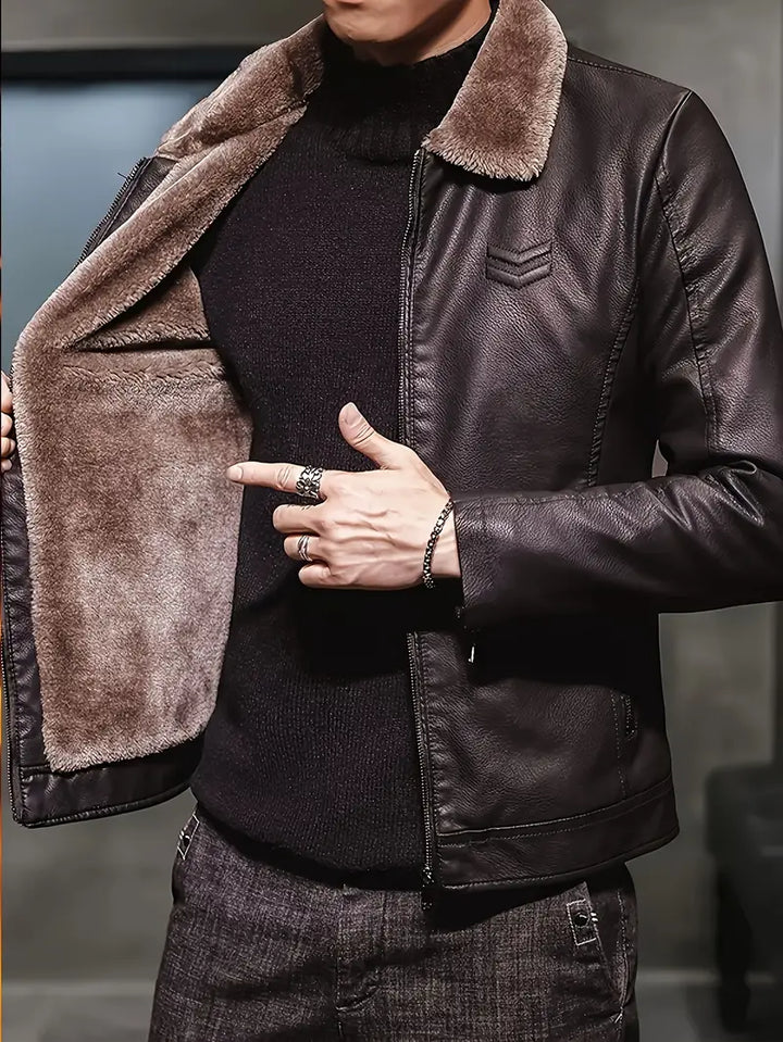 Stylowa, wiatroodporna męska kurtka skórzana Dario, ocieplana, z eleganckim designem, na zimę.