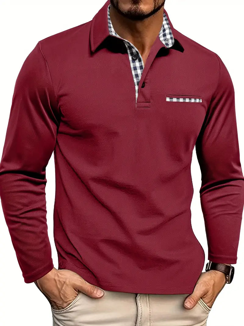 Elegancka męska koszulka polo z długim rękawem, bawełniana, idealna na zimowy casualowy lub formalny look.
