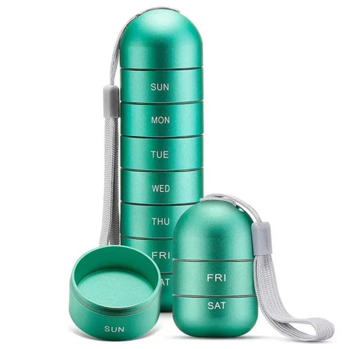 Tygodniowy aluminiowy pojemnik na leki, organizer na tabletki 7 dni. Zapewnia precyzyjne dawkowanie suplementów.