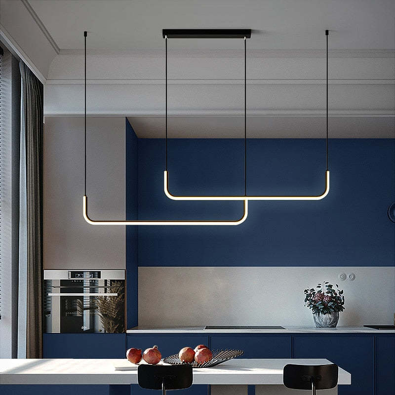 Designerska lampa wisząca LED, regulowana, nowoczesne oświetlenie sufitowe w kolorach złota i czerni.