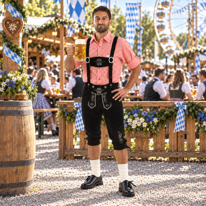 Tradycyjne bawarskie spodnie Lederhosen męskie, krótkie do kolan, na festyn ludowy.