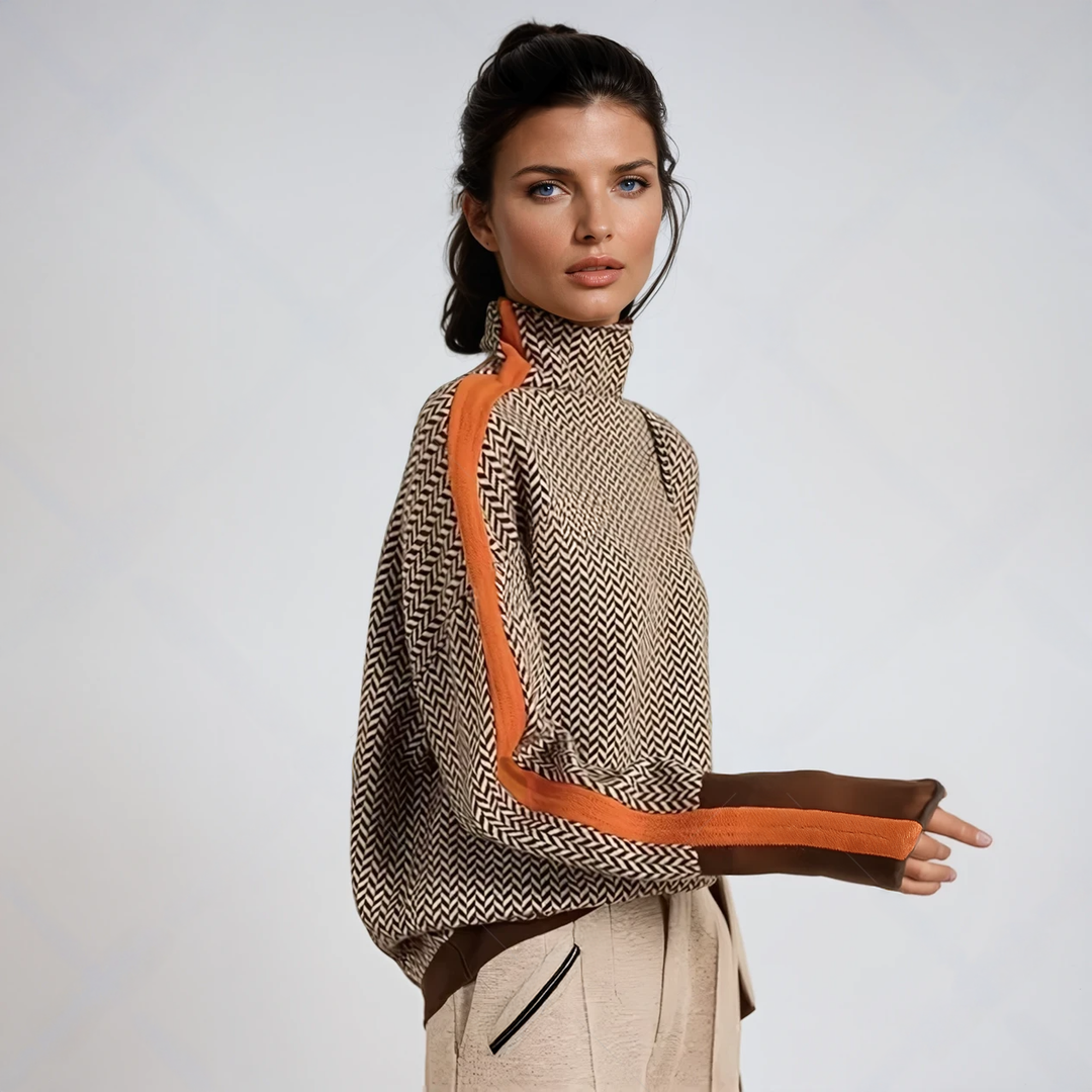 Damski sweter golf w jodełkę, dzianina, luźny fason. Ciepły, modny, jesień/zima. Kolory: pomarańczowy, zielony.