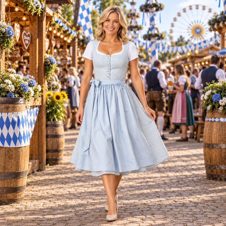 Damska sukienka bawarska Dirndl z kokardą, idealna na Oktoberfest. Klasyczna sukienka na festyn.