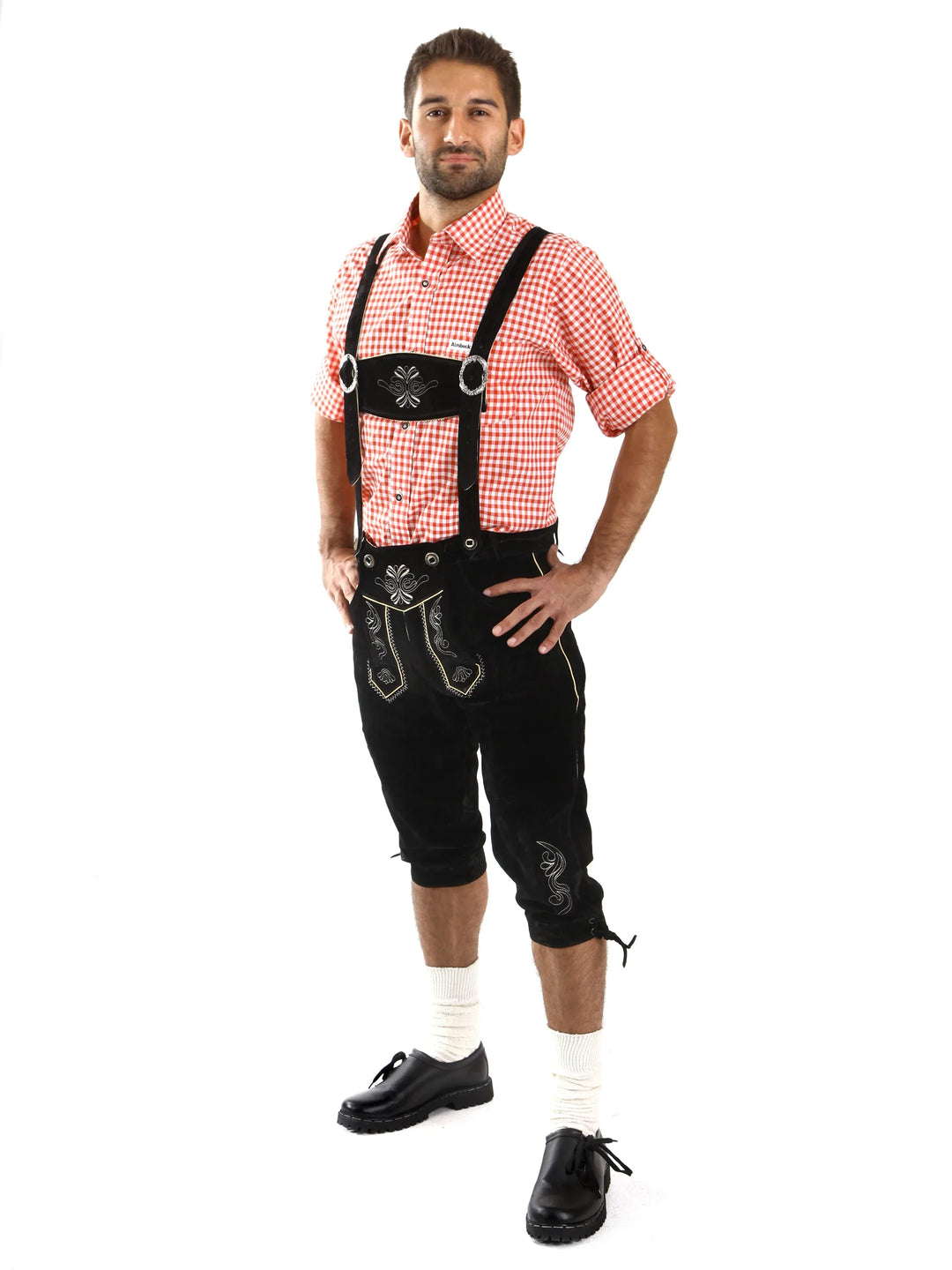 Męskie czarne Lederhosen do kolan, idealne na Oktoberfest i bawarskie festyny.