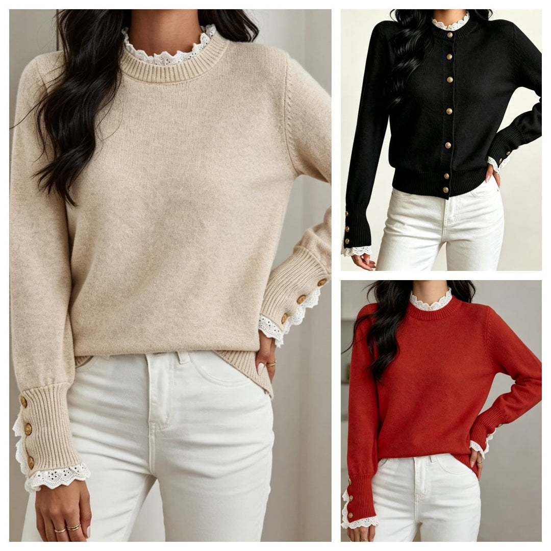 Elegancki damski sweter dzianinowy z koronką. Komfortowy, z okrągłym dekoltem, idealny na jesień i zimę.