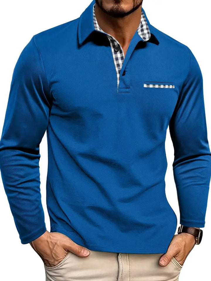 Bawełniana koszulka polo męska z długim rękawem. Ciepła odzież męska na zimę, łącząca styl casualowy i elegancję.