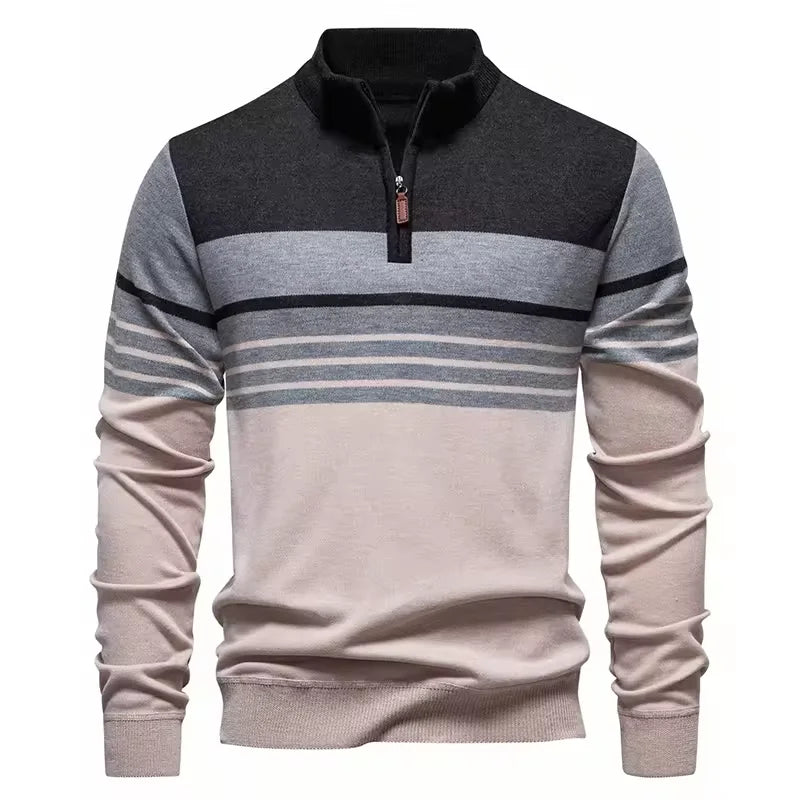 Męski sweter dziany ze stójką i zamkiem, idealny do eleganckich i casualowych stylizacji na jesień.