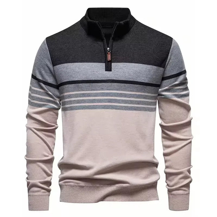 Męski sweter dziany ze stójką i zamkiem, idealny do eleganckich i casualowych stylizacji na jesień.