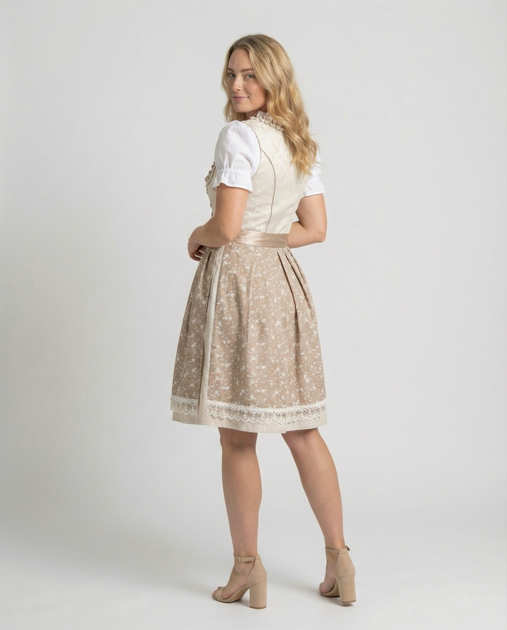 Stylowa beżowa sukienka Dirndl z bluzką i fartuszkiem. Doskonały strój na Oktoberfest, festyn czy uroczystość.