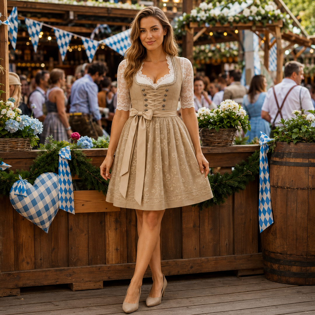 Stylowa damska sukienka ludowa khaki. Wygodny krój, tradycyjny wzór. Idealna odzież na festyny i uroczystości.