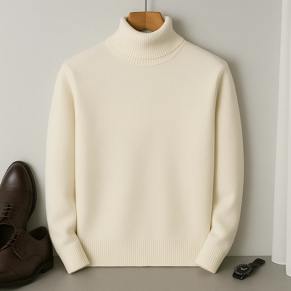 Sweter męski z golfem w zbliżeniu, miękka faktura materiału. Ciepły i elegancki.